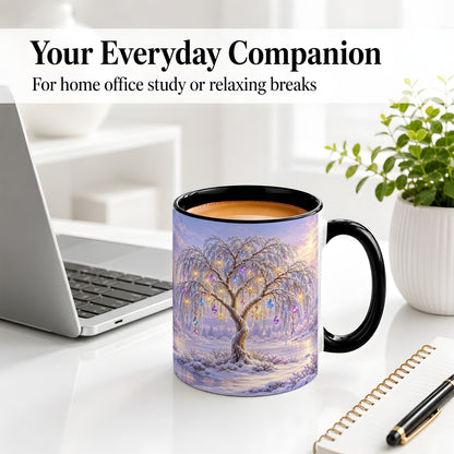 #pl[11oz|Black] Winter Willow Tree Accent Ceramic Mug, Glowing Ornament Art