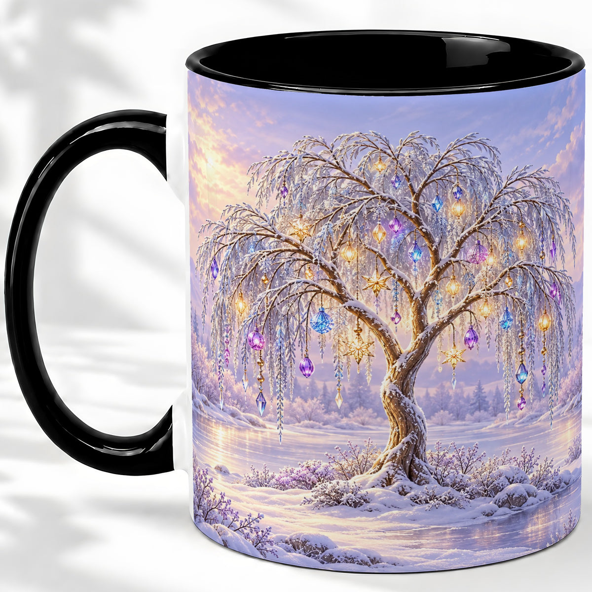 #pl[11oz|Black] Winter Willow Tree Accent Ceramic Mug, Glowing Ornament Art