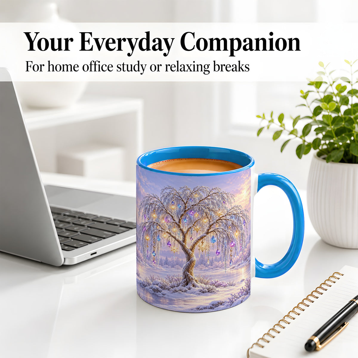 #pl[11oz|Blue] Winter Willow Tree Accent Ceramic Mug, Glowing Ornament Art
