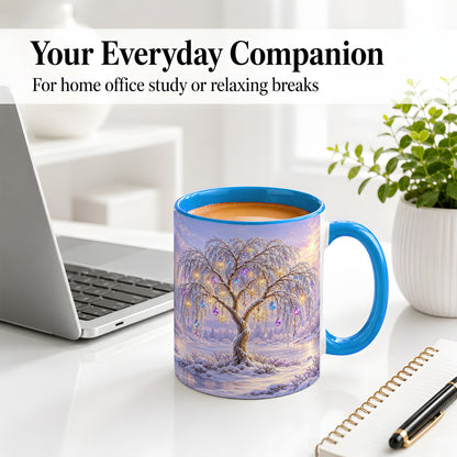 #pl[11oz|Blue] Winter Willow Tree Accent Ceramic Mug, Glowing Ornament Art