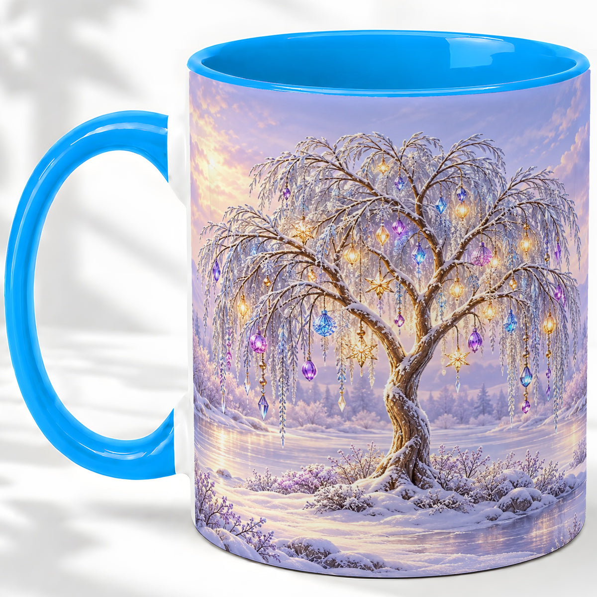 #pl[11oz|Blue] Winter Willow Tree Accent Ceramic Mug, Glowing Ornament Art