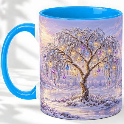 #pl[11oz|Blue] Winter Willow Tree Accent Ceramic Mug, Glowing Ornament Art