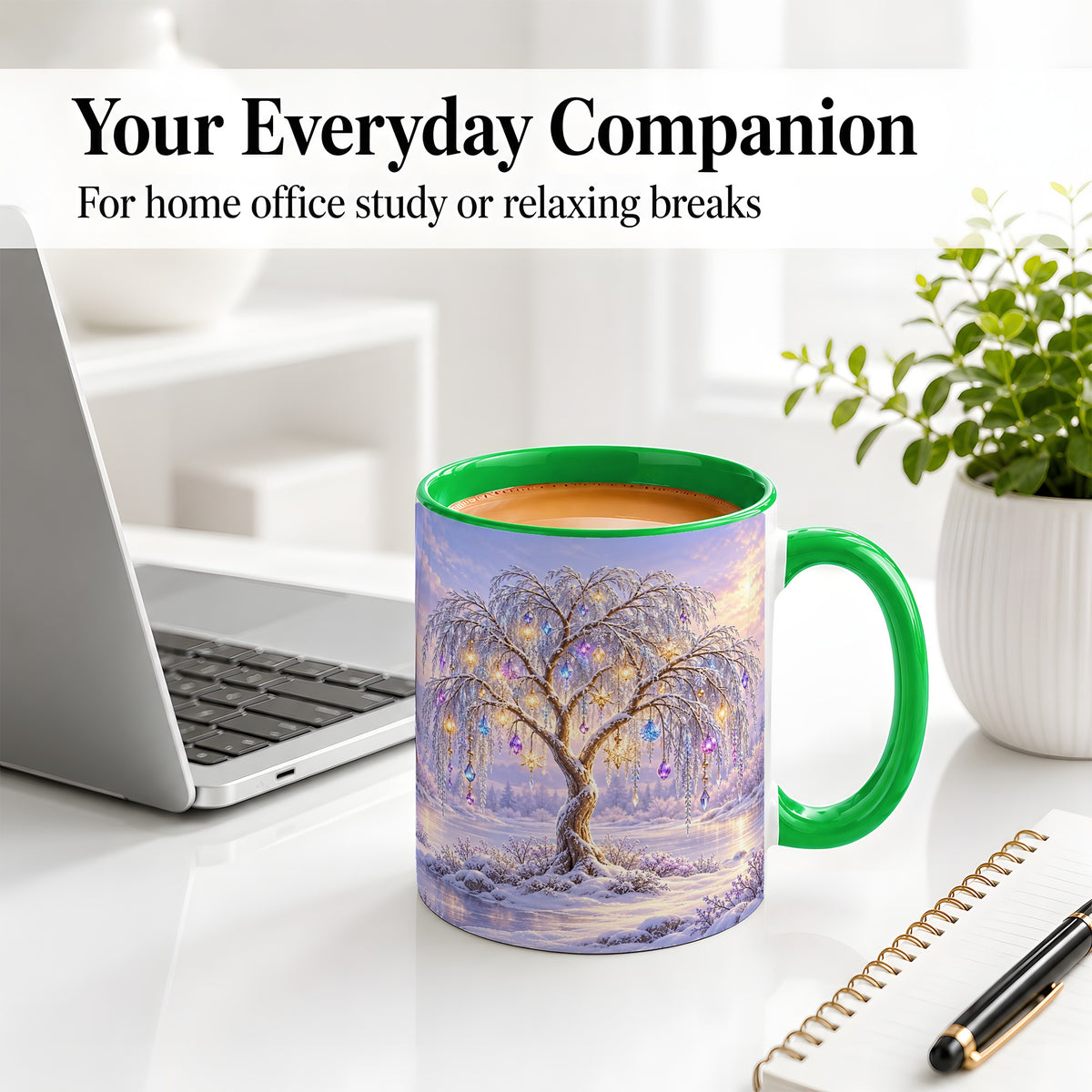#pl[11oz|Green] Winter Willow Tree Accent Ceramic Mug, Glowing Ornament Art