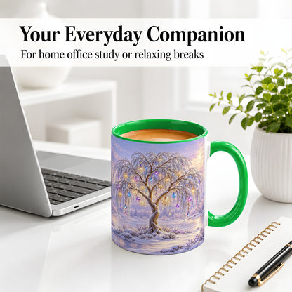 #pl[11oz|Green] Winter Willow Tree Accent Ceramic Mug, Glowing Ornament Art