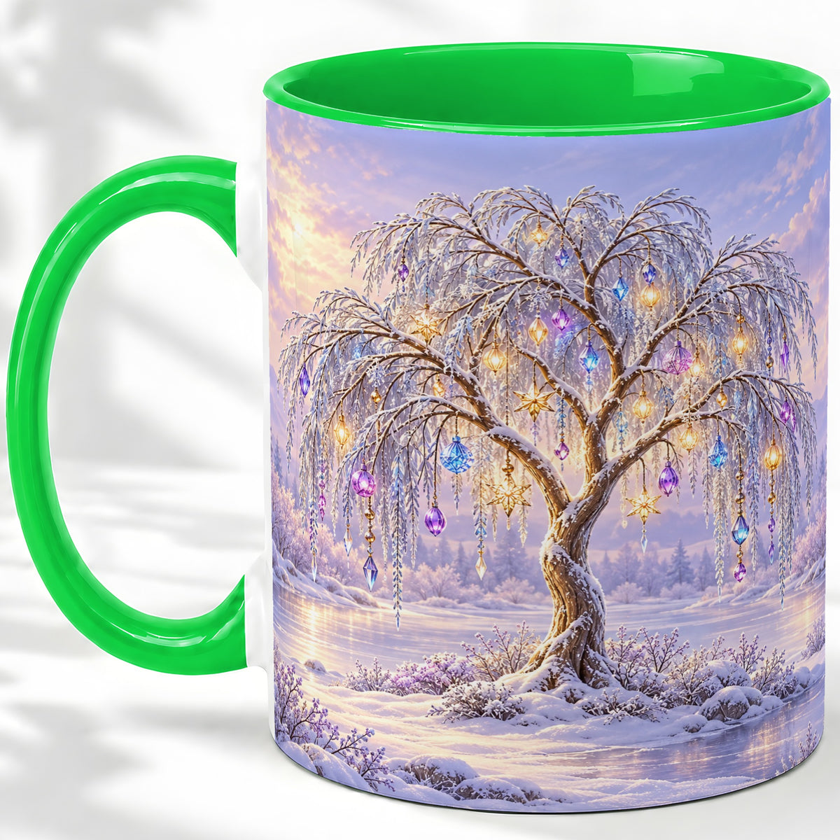 #pl[11oz|Green] Winter Willow Tree Accent Ceramic Mug, Glowing Ornament Art