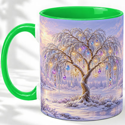 #pl[11oz|Green] Winter Willow Tree Accent Ceramic Mug, Glowing Ornament Art