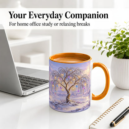 #pl[11oz|Orange] Winter Willow Tree Accent Ceramic Mug, Glowing Ornament Art