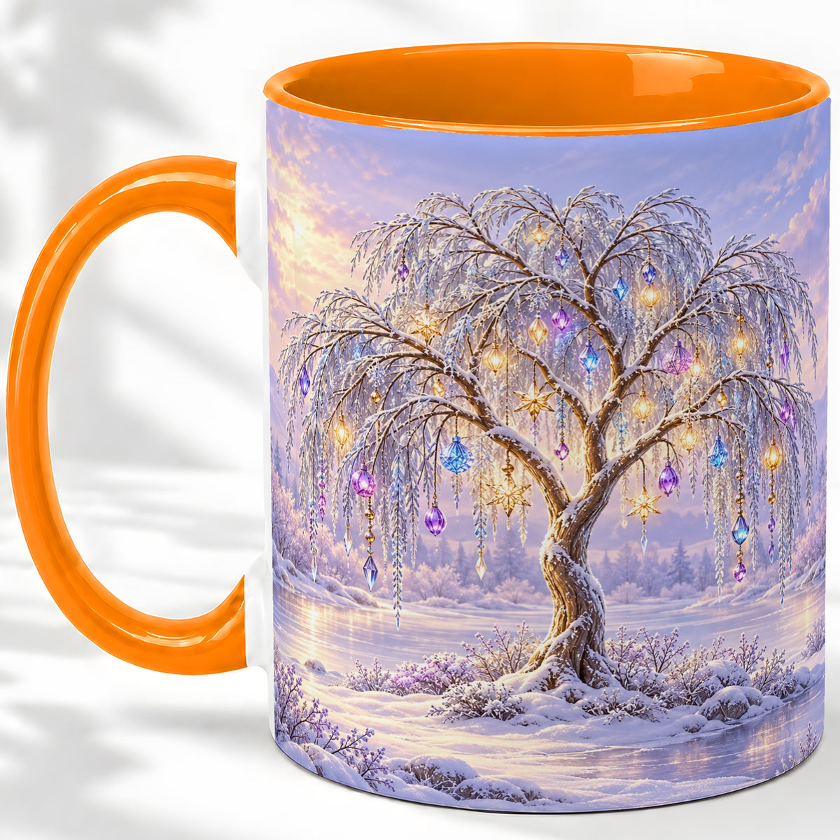 #pl[11oz|Orange] Winter Willow Tree Accent Ceramic Mug, Glowing Ornament Art