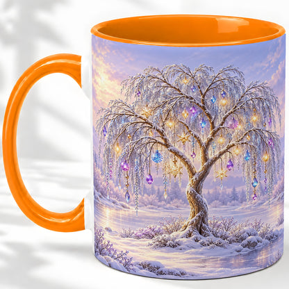 #pl[11oz|Orange] Winter Willow Tree Accent Ceramic Mug, Glowing Ornament Art