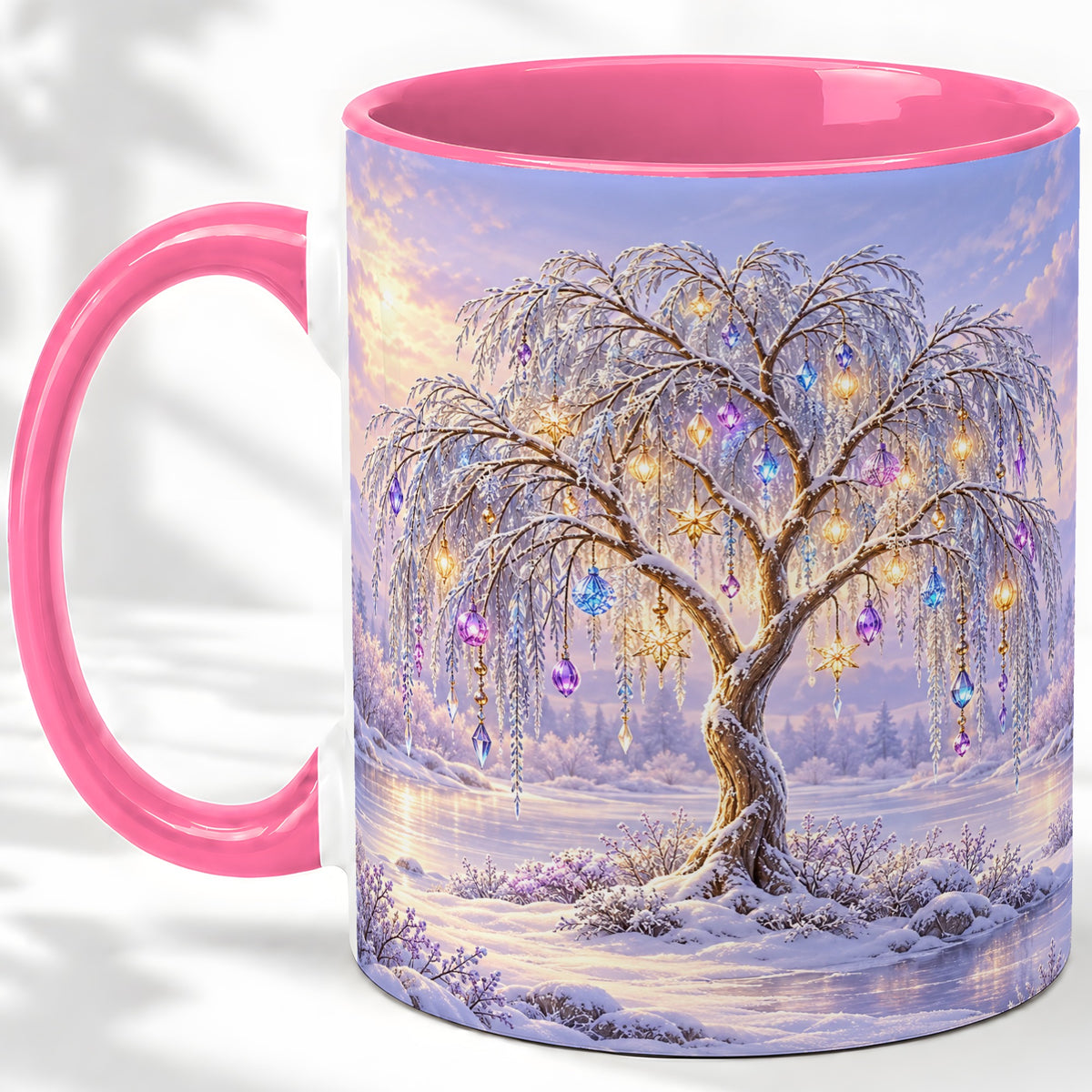 #pl[11oz|Pink] Winter Willow Tree Accent Ceramic Mug, Glowing Ornament Art