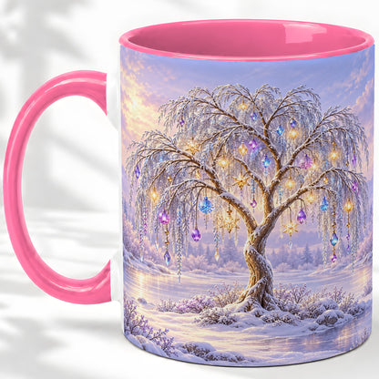 #pl[11oz|Pink] Winter Willow Tree Accent Ceramic Mug, Glowing Ornament Art