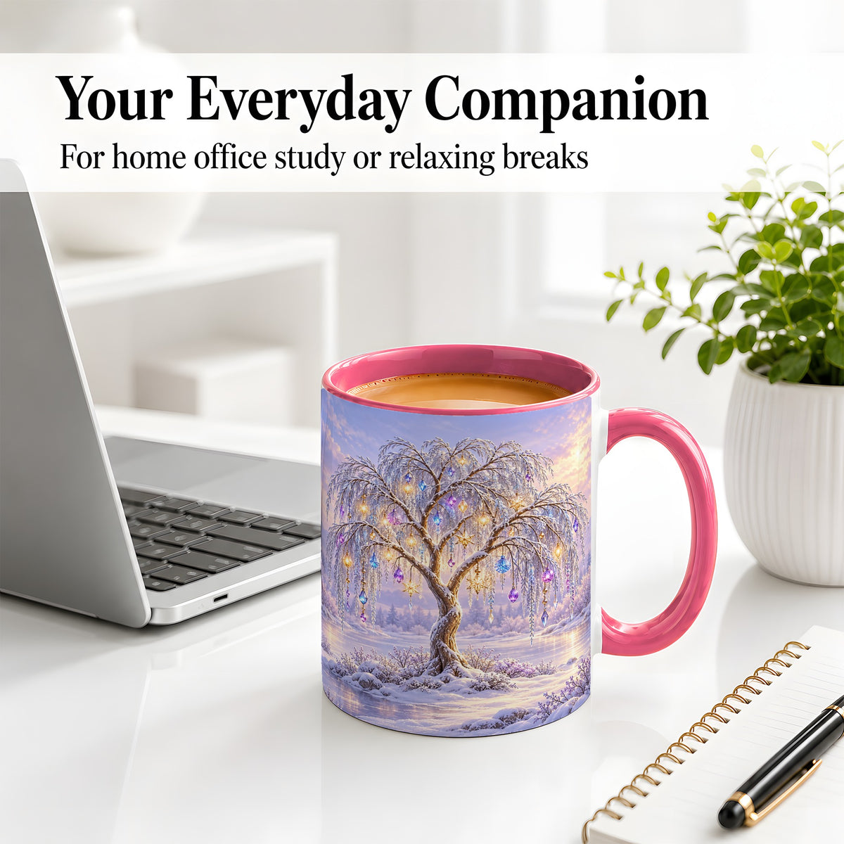 #pl[11oz|Pink] Winter Willow Tree Accent Ceramic Mug, Glowing Ornament Art