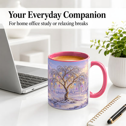 #pl[11oz|Pink] Winter Willow Tree Accent Ceramic Mug, Glowing Ornament Art