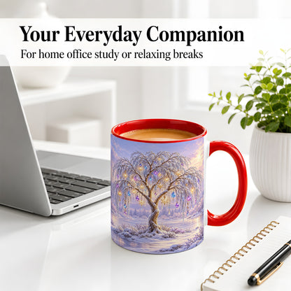 #pl[11oz|Red] Winter Willow Tree Accent Ceramic Mug, Glowing Ornament Art