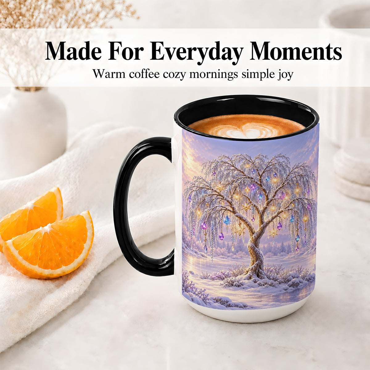 #pl[15oz|Black] Winter Willow Tree Accent Ceramic Mug, Glowing Ornament Art