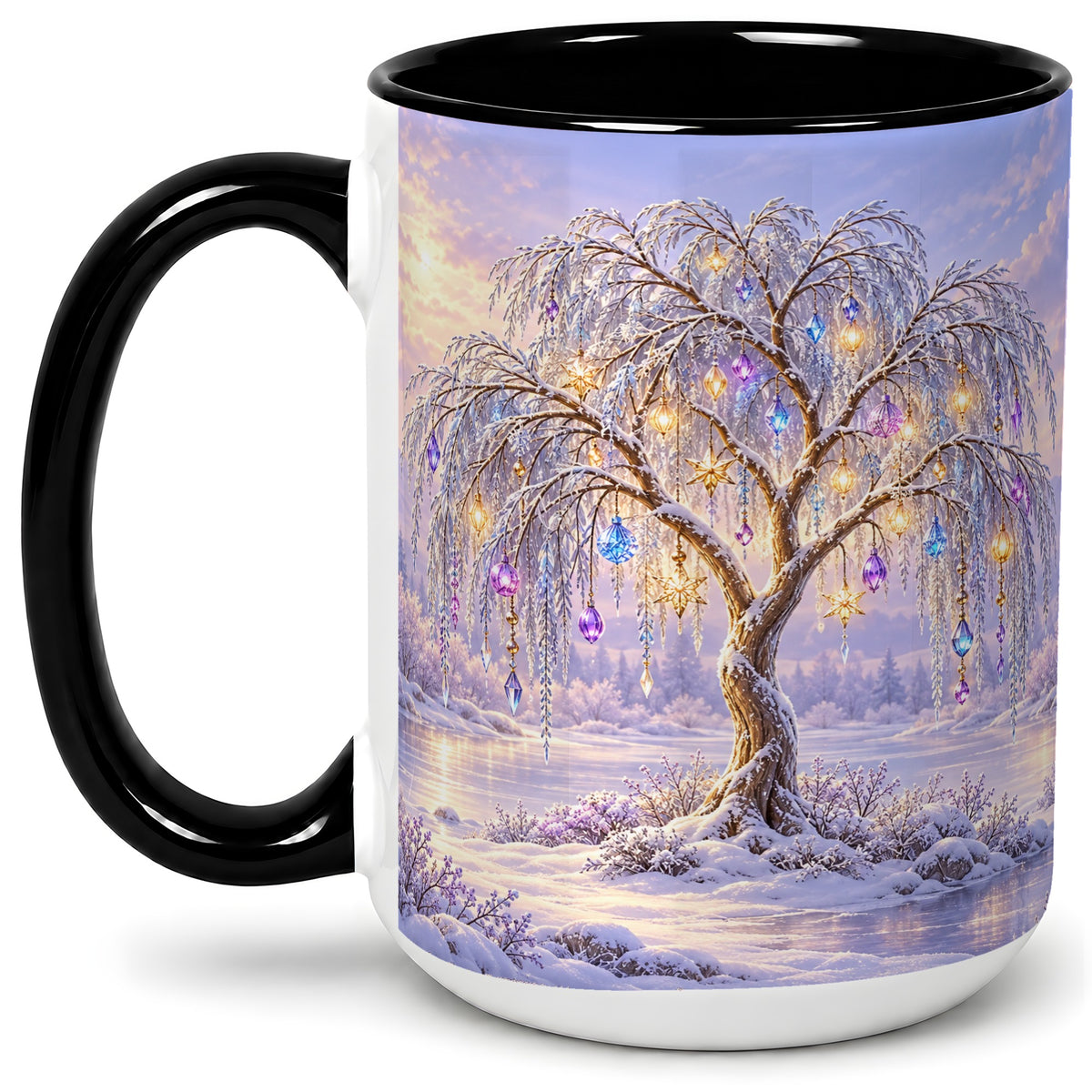 #pl[15oz|Black] Winter Willow Tree Accent Ceramic Mug, Glowing Ornament Art