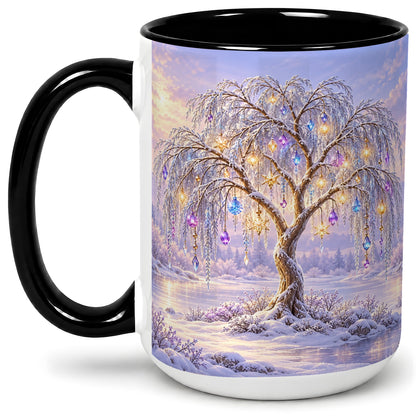 #pl[15oz|Black] Winter Willow Tree Accent Ceramic Mug, Glowing Ornament Art