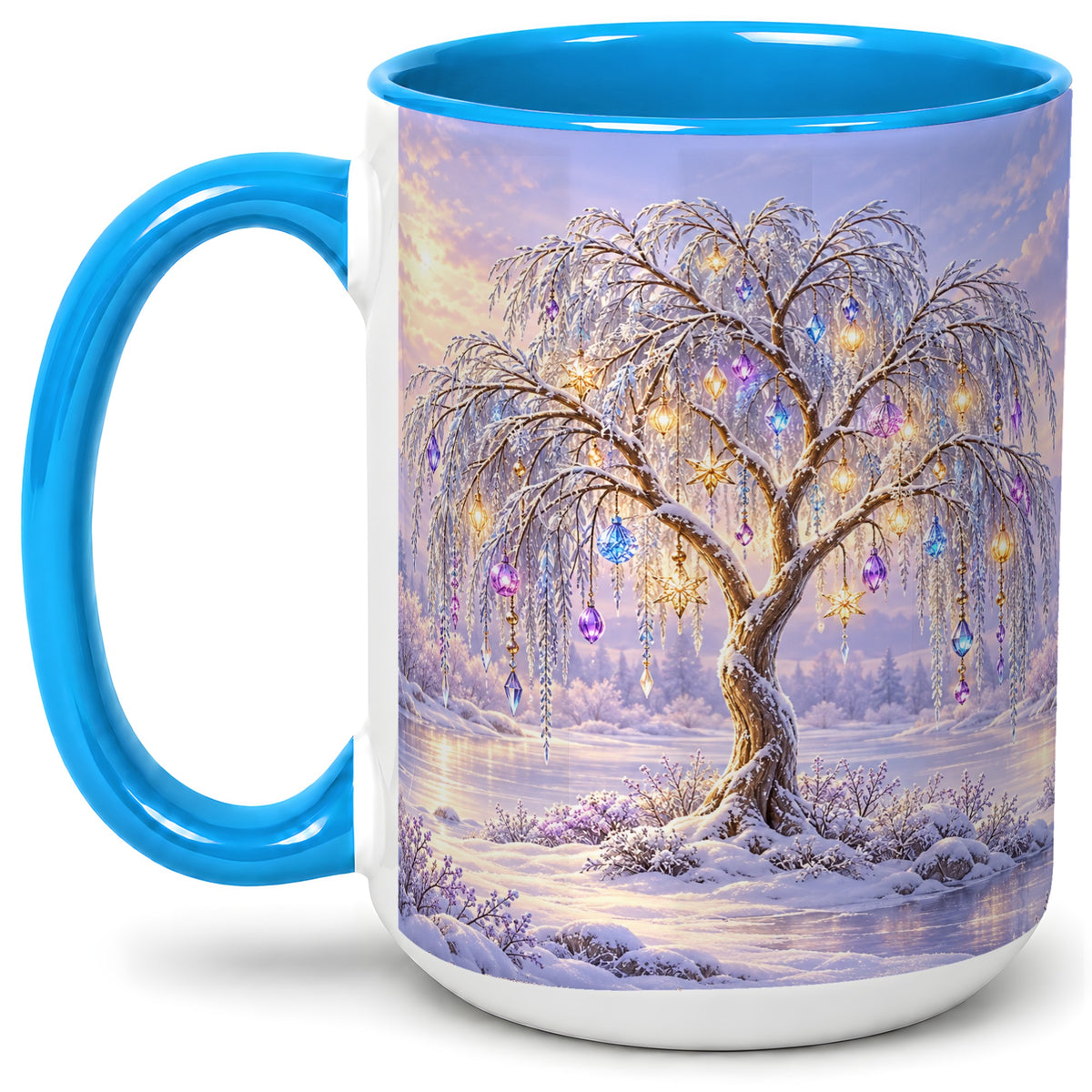 #pl[15oz|Blue] Winter Willow Tree Accent Ceramic Mug, Glowing Ornament Art