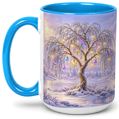 #pl[15oz|Blue] Winter Willow Tree Accent Ceramic Mug, Glowing Ornament Art