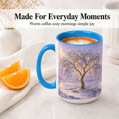 #pl[15oz|Blue] Winter Willow Tree Accent Ceramic Mug, Glowing Ornament Art