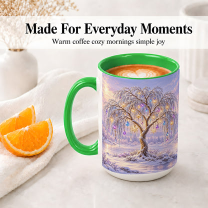 #pl[15oz|Green] Winter Willow Tree Accent Ceramic Mug, Glowing Ornament Art