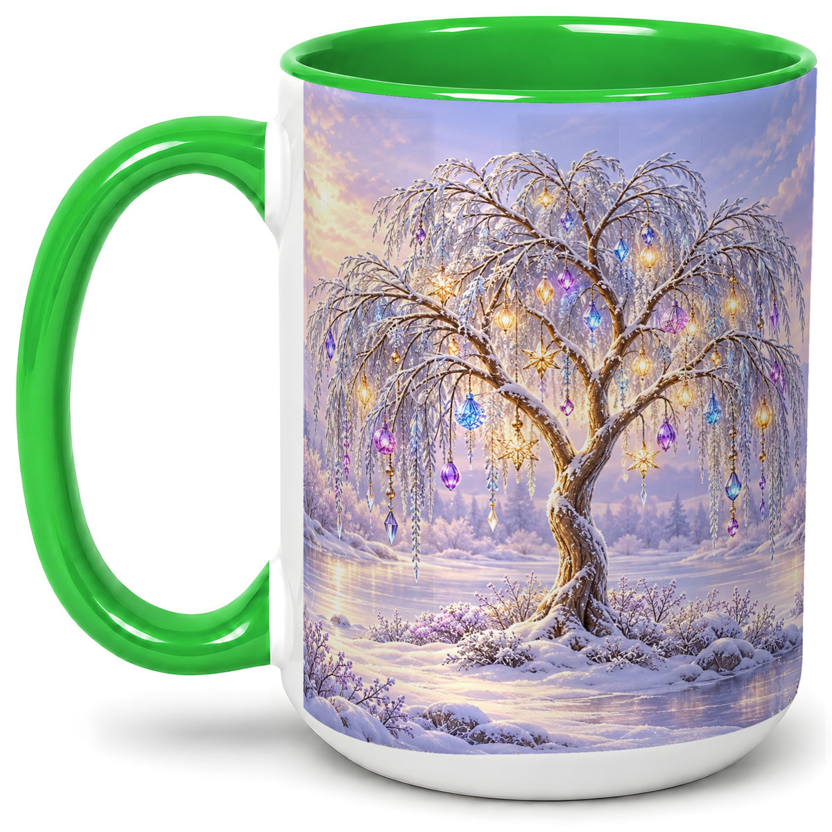 #pl[15oz|Green] Winter Willow Tree Accent Ceramic Mug, Glowing Ornament Art