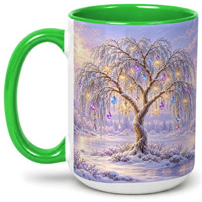 #pl[15oz|Green] Winter Willow Tree Accent Ceramic Mug, Glowing Ornament Art