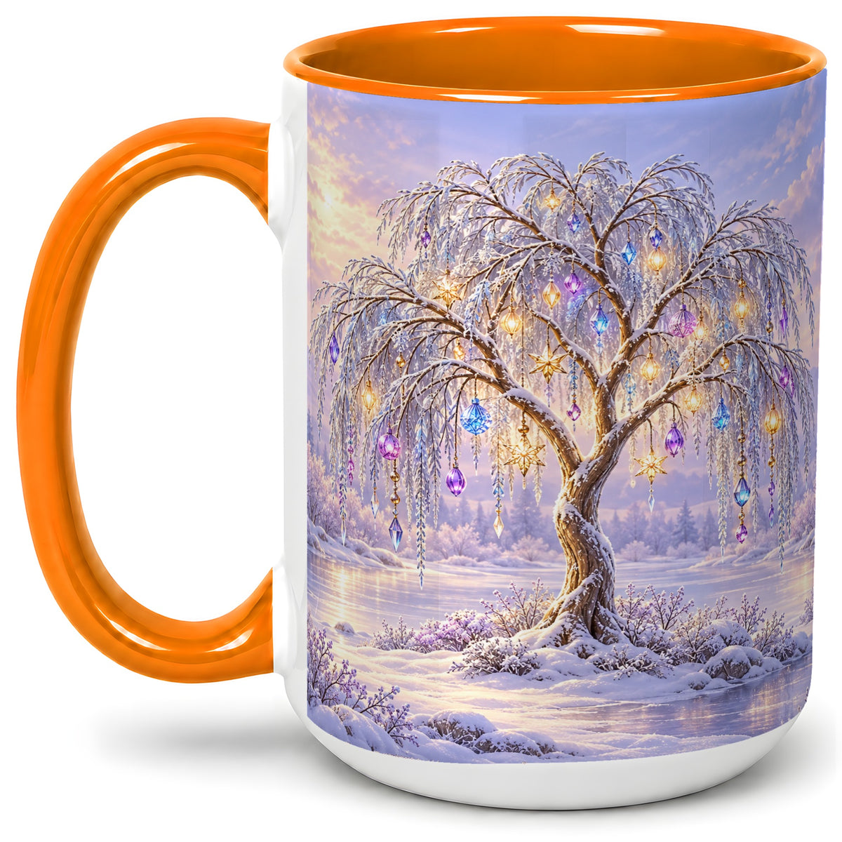 #pl[15oz|Orange] Winter Willow Tree Accent Ceramic Mug, Glowing Ornament Art