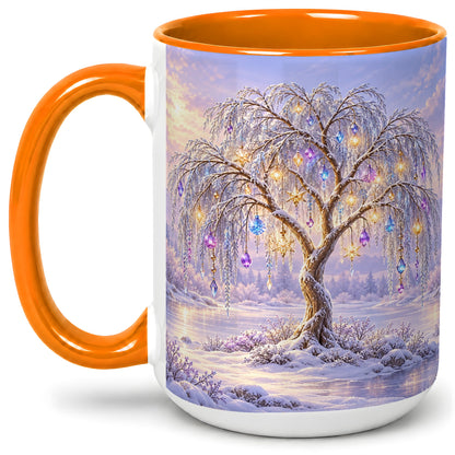 #pl[15oz|Orange] Winter Willow Tree Accent Ceramic Mug, Glowing Ornament Art