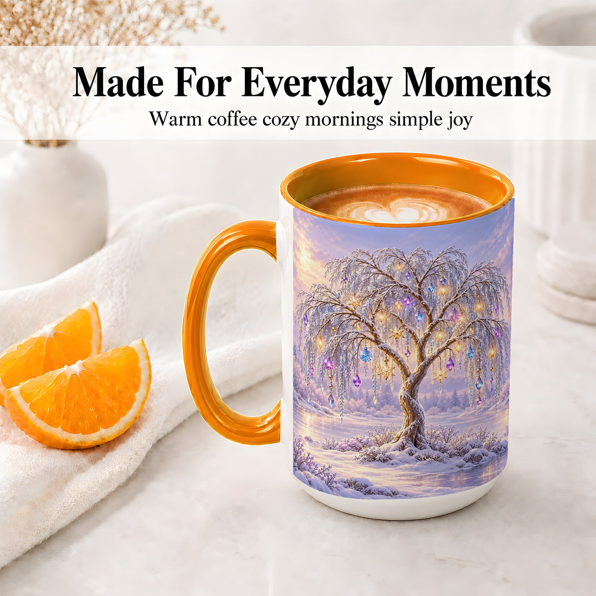 #pl[15oz|Orange] Winter Willow Tree Accent Ceramic Mug, Glowing Ornament Art