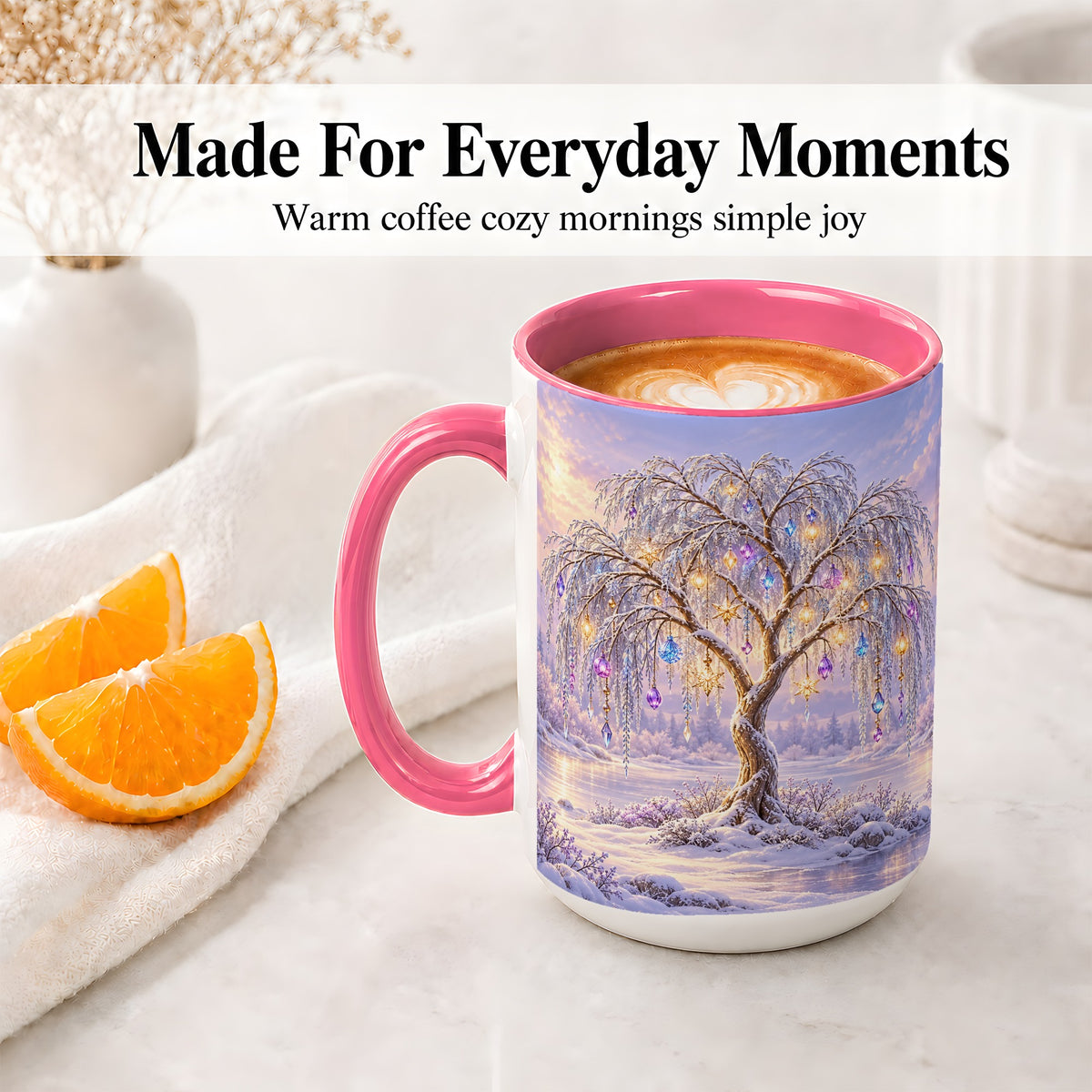 #pl[15oz|Pink] Winter Willow Tree Accent Ceramic Mug, Glowing Ornament Art