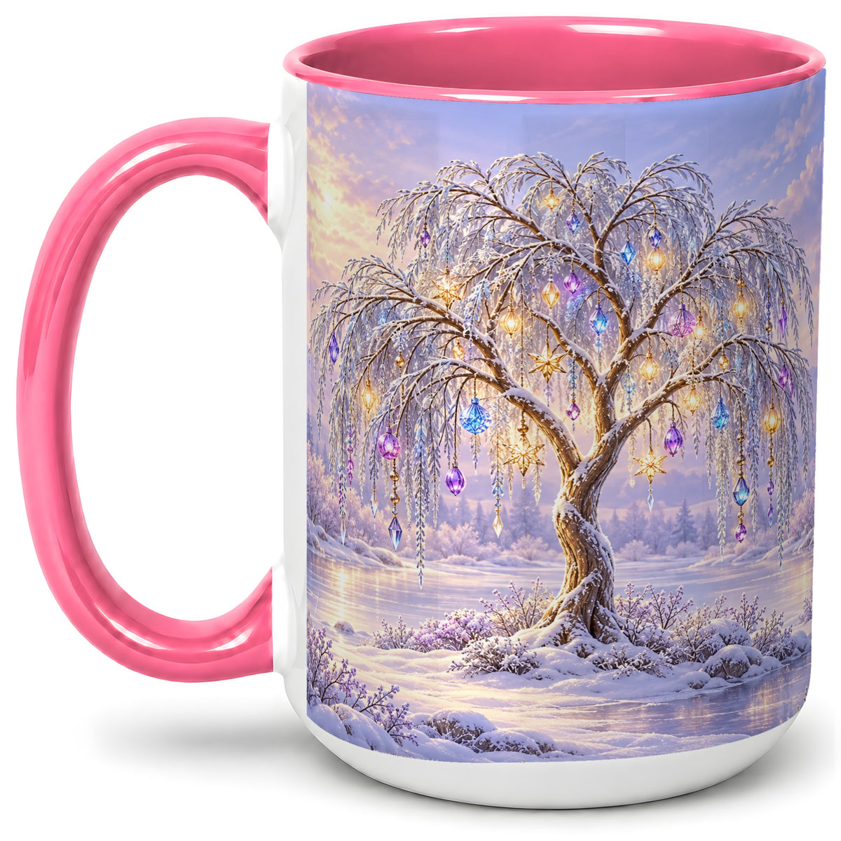 #pl[15oz|Pink] Winter Willow Tree Accent Ceramic Mug, Glowing Ornament Art