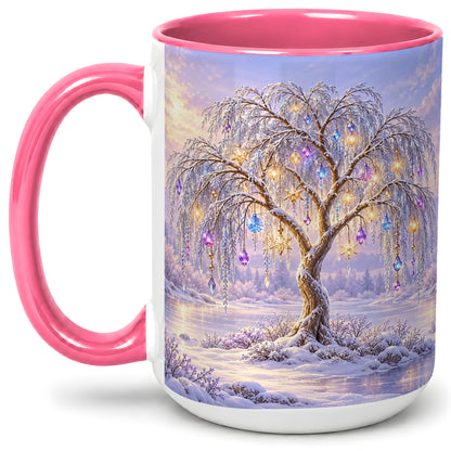 #pl[15oz|Pink] Winter Willow Tree Accent Ceramic Mug, Glowing Ornament Art
