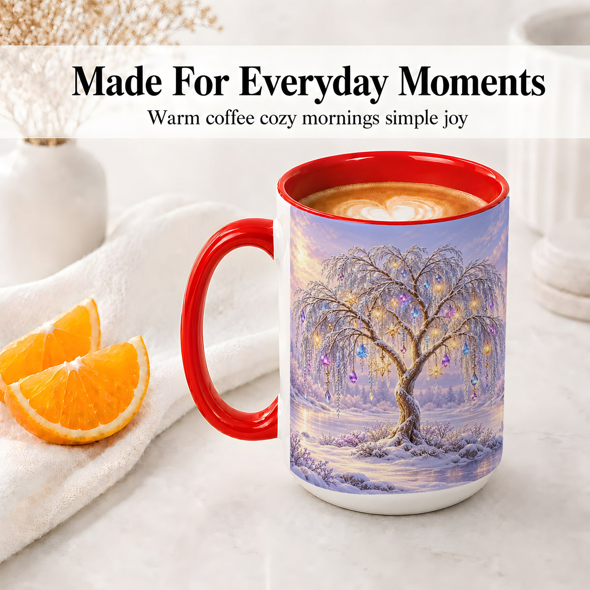 #pl[15oz|Red] Winter Willow Tree Accent Ceramic Mug, Glowing Ornament Art