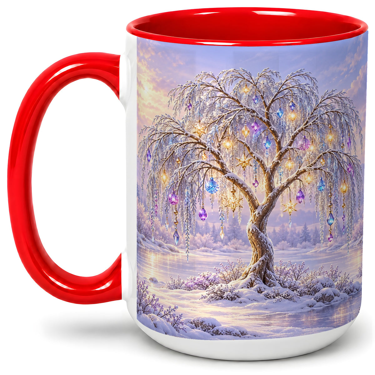 #pl[15oz|Red] Winter Willow Tree Accent Ceramic Mug, Glowing Ornament Art