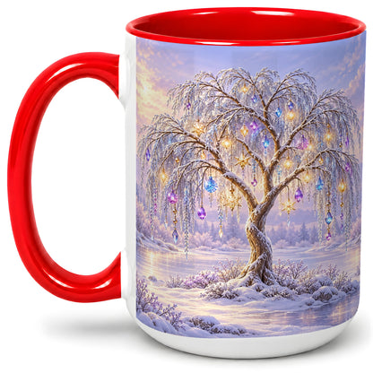 #pl[15oz|Red] Winter Willow Tree Accent Ceramic Mug, Glowing Ornament Art