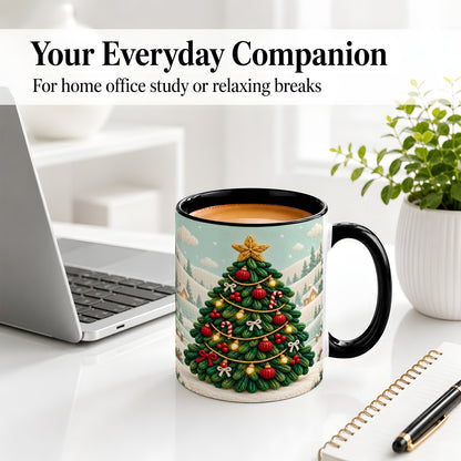 #pl[11oz|Black] Knitted Christmas Tree Accent Ceramic Mug, Cozy Winter Art