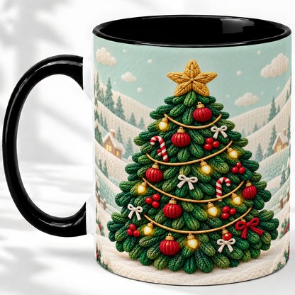 #pl[11oz|Black] Knitted Christmas Tree Accent Ceramic Mug, Cozy Winter Art