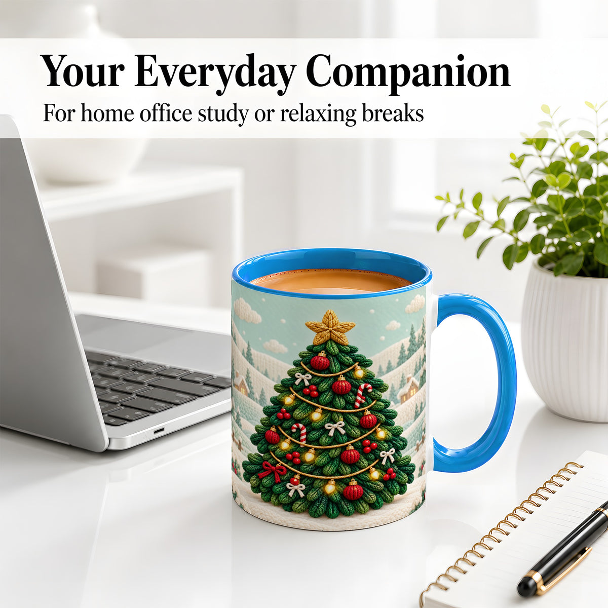 #pl[11oz|Blue] Knitted Christmas Tree Accent Ceramic Mug, Cozy Winter Art