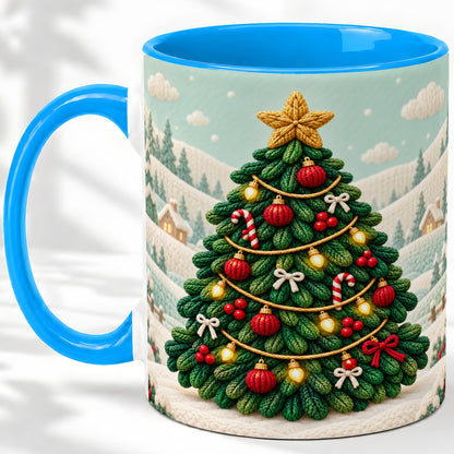 #pl[11oz|Blue] Knitted Christmas Tree Accent Ceramic Mug, Cozy Winter Art