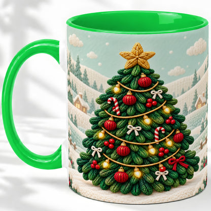 #pl[11oz|Green] Knitted Christmas Tree Accent Ceramic Mug, Cozy Winter Art