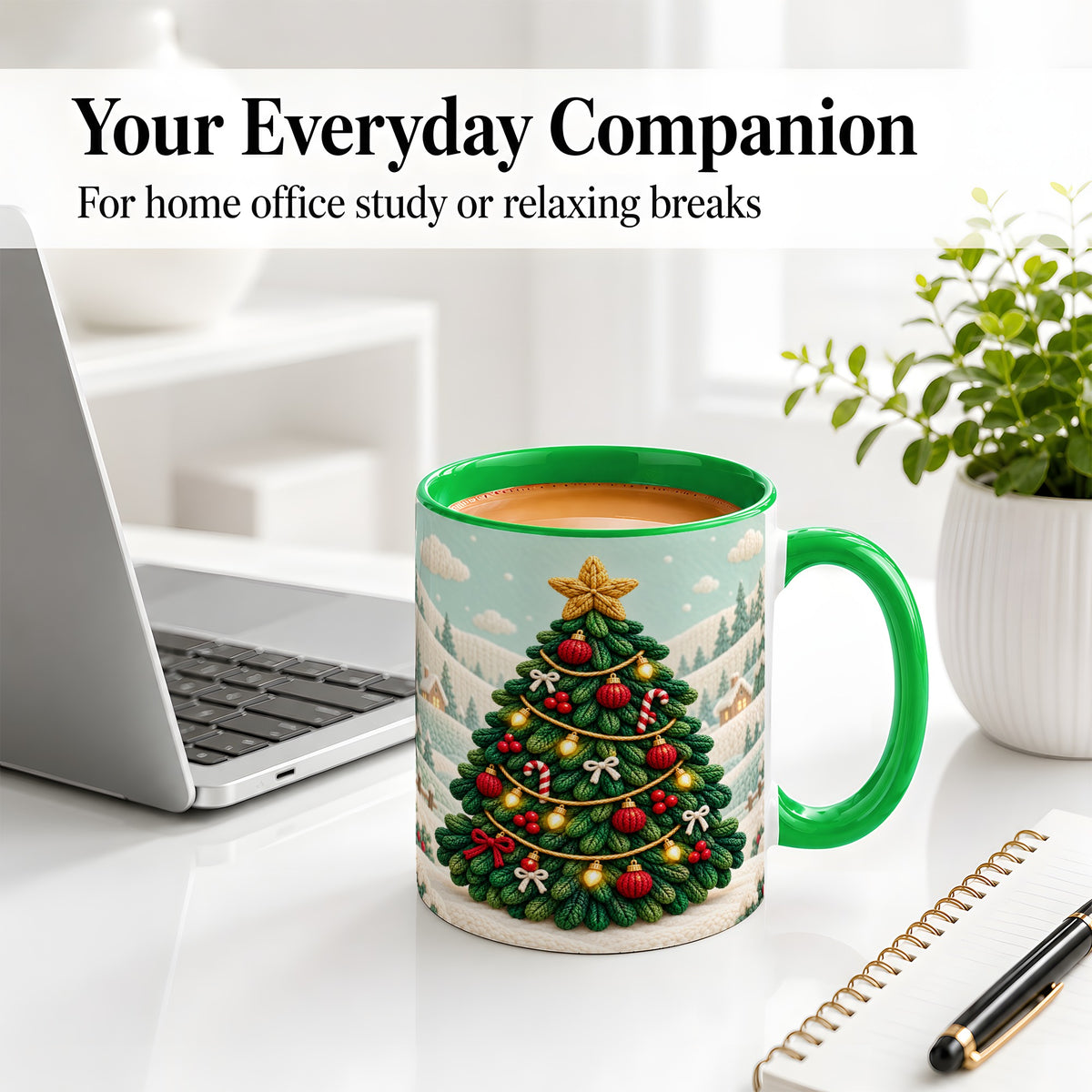 #pl[11oz|Green] Knitted Christmas Tree Accent Ceramic Mug, Cozy Winter Art