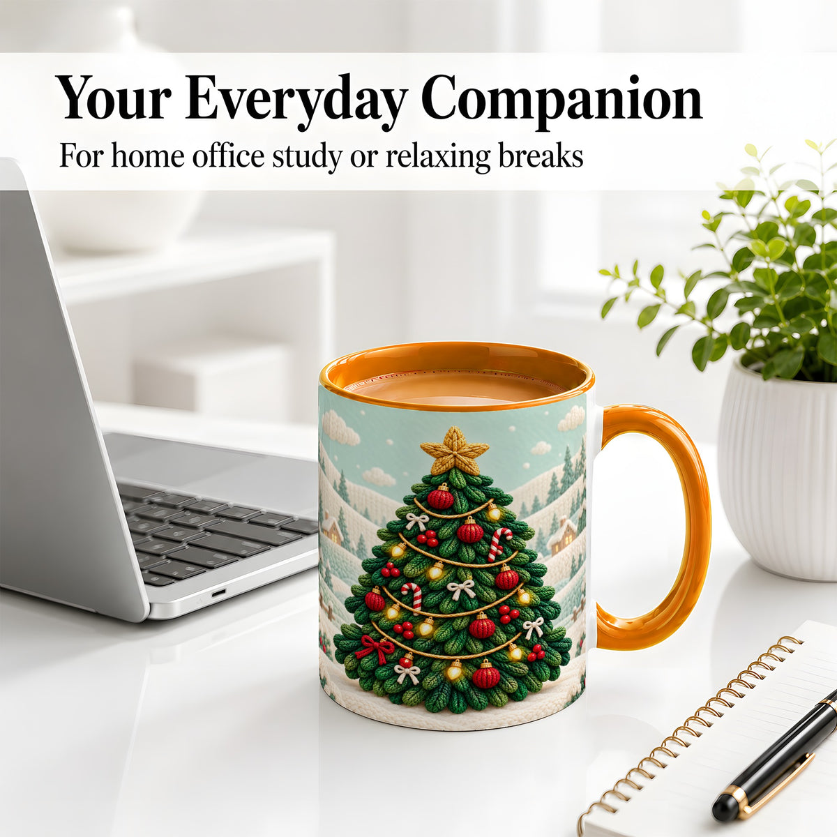 #pl[11oz|Orange] Knitted Christmas Tree Accent Ceramic Mug, Cozy Winter Art