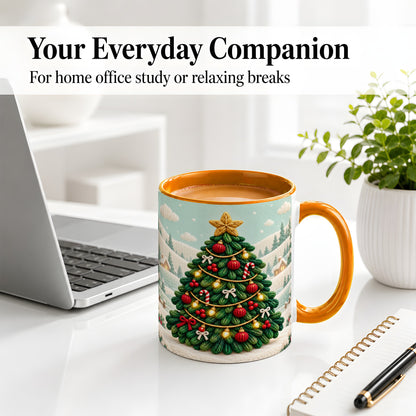 #pl[11oz|Orange] Knitted Christmas Tree Accent Ceramic Mug, Cozy Winter Art