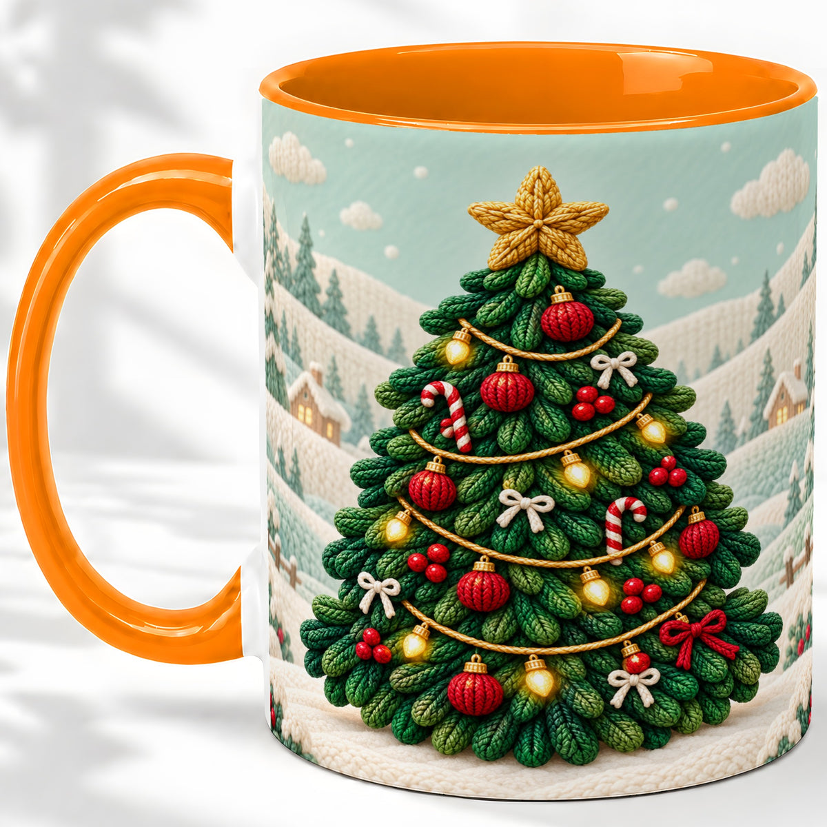 #pl[11oz|Orange] Knitted Christmas Tree Accent Ceramic Mug, Cozy Winter Art