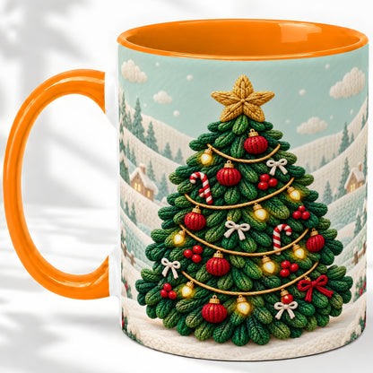 #pl[11oz|Orange] Knitted Christmas Tree Accent Ceramic Mug, Cozy Winter Art