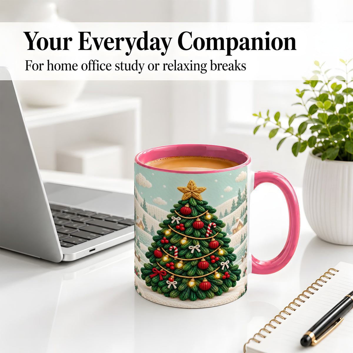 #pl[11oz|Pink] Knitted Christmas Tree Accent Ceramic Mug, Cozy Winter Art