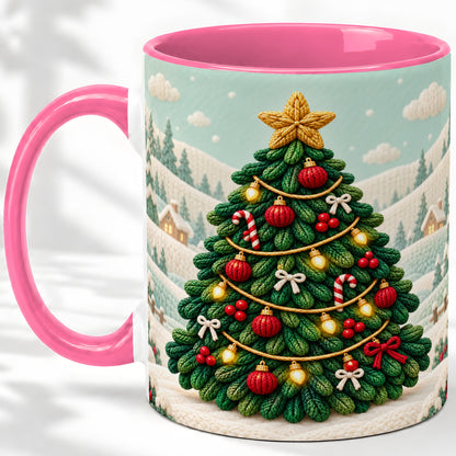 #pl[11oz|Pink] Knitted Christmas Tree Accent Ceramic Mug, Cozy Winter Art