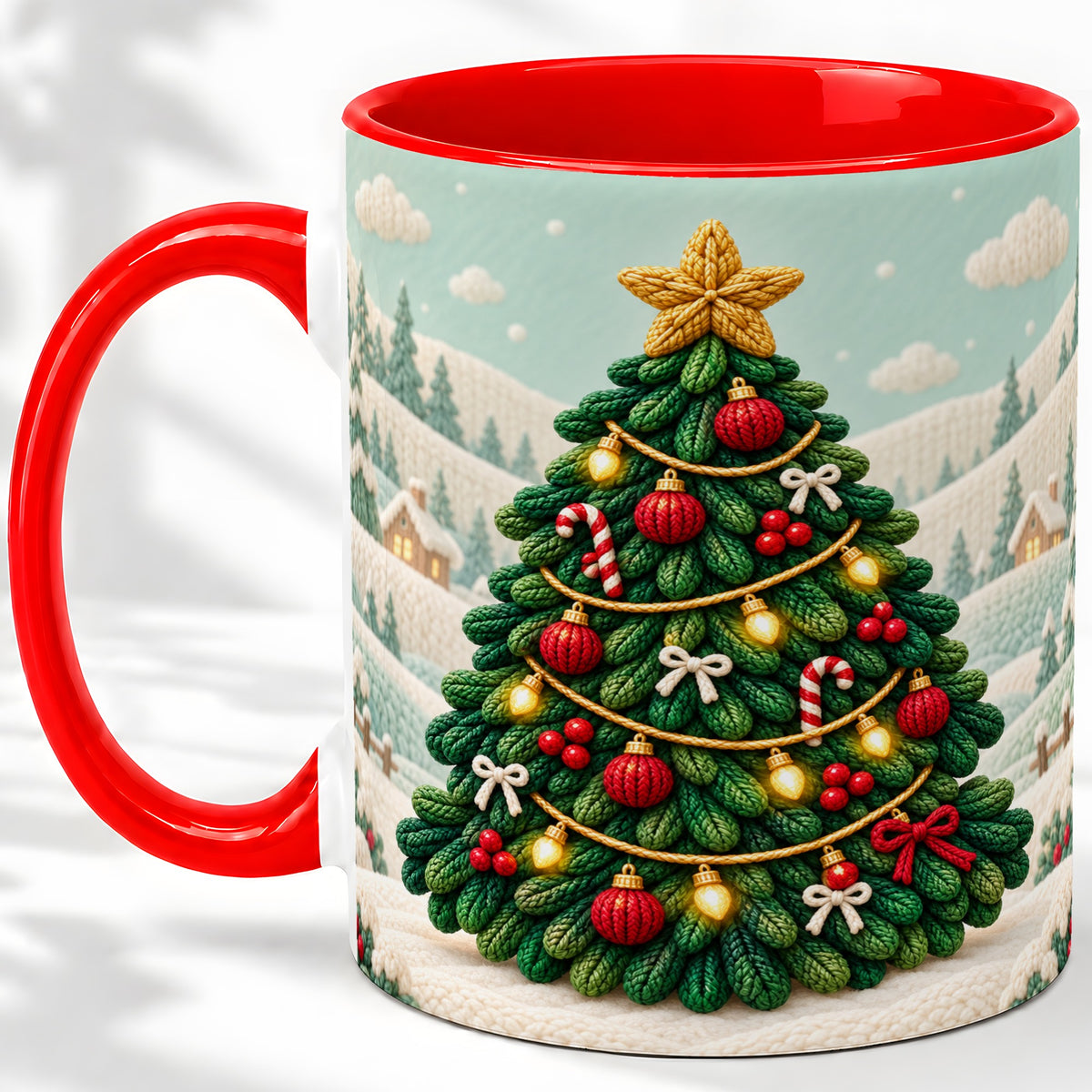 Knitted Christmas Tree Accent Ceramic Mug, Cozy Winter Art