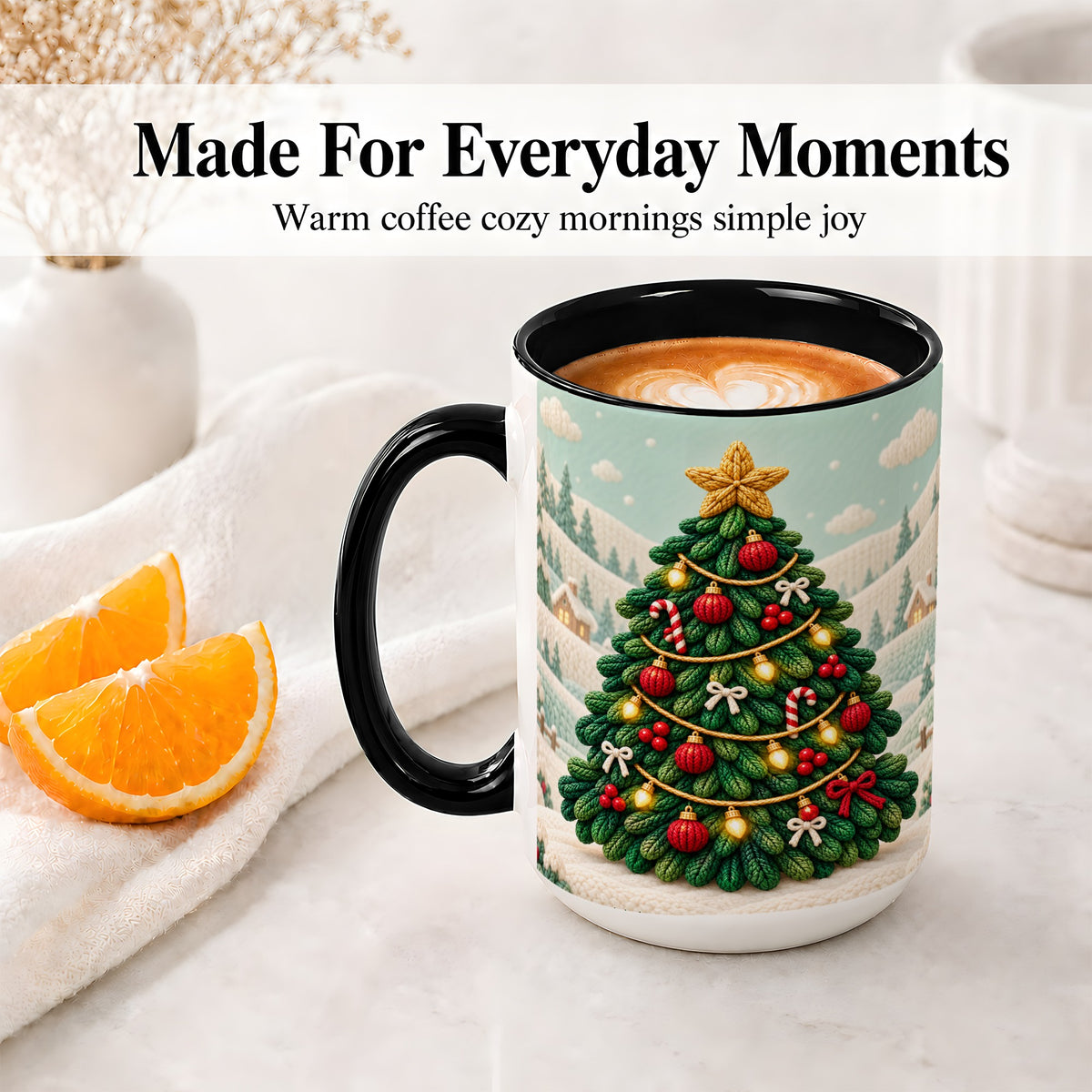 #pl[15oz|Black] Knitted Christmas Tree Accent Ceramic Mug, Cozy Winter Art